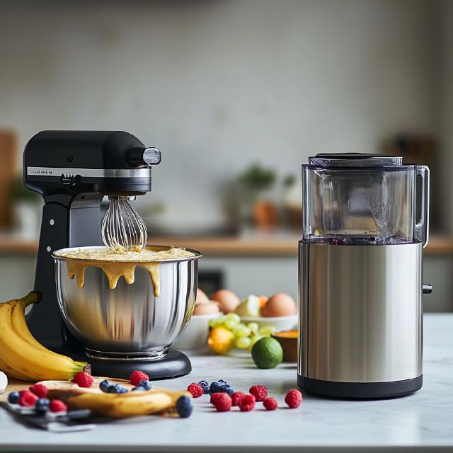 A cake mixer and a blender on a kitchen top