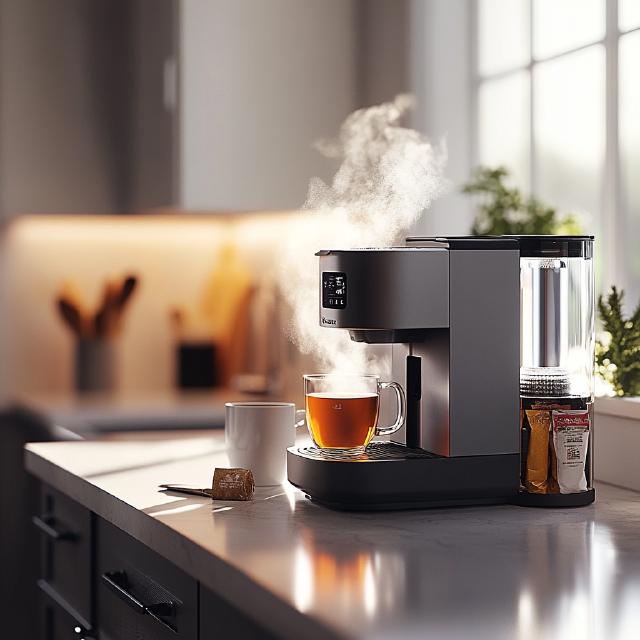 A single serve coffee maker making a cup of tea