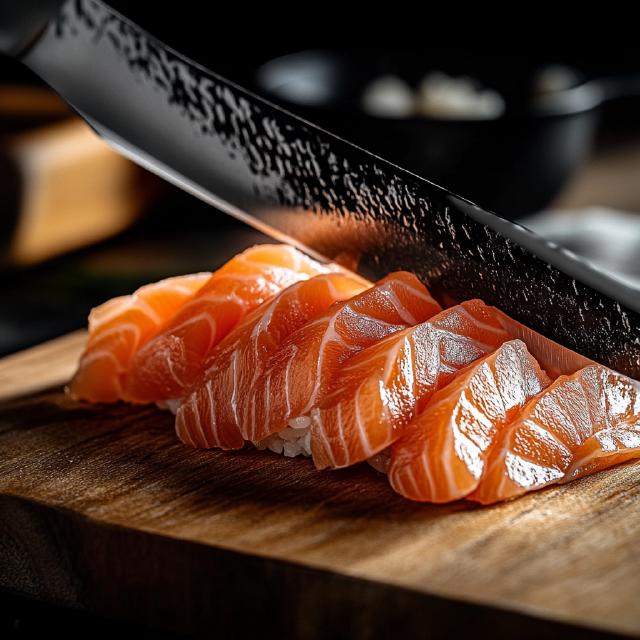 Close-up of a sharp kitchen knife slicing fresh salmon for sushi