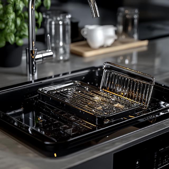 The parts of a toaster oven with airfryer being cleaned in a sink