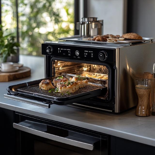 A toaster oven with a built in airfryer